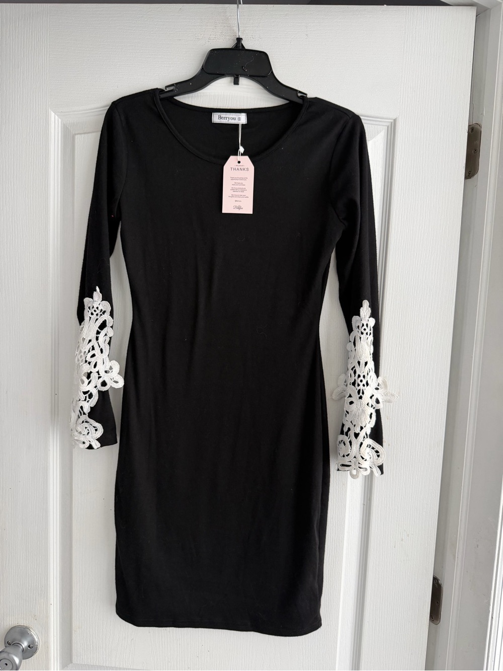 Berryou  Black Long Sleeve Dress with White Lace Sleeves